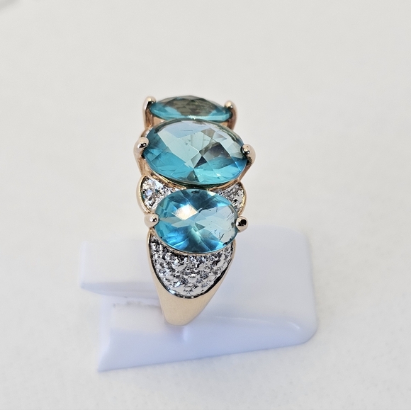 Stunning Caribbean Tourmaline & Diamond Ring Yellow Gold Vermeil Sz 7! - Picture 6 of 11